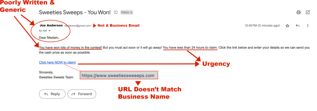 Example phish email with red flags denoted. They include:
Poorly written & generic, Not a business email, Urgency, and url doesn't match business name.
